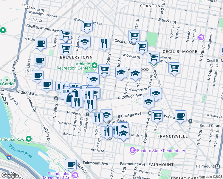 map of restaurants, bars, coffee shops, grocery stores, and more near 1210 North 24th Street in Philadelphia