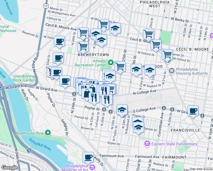 map of restaurants, bars, coffee shops, grocery stores, and more near 1239 North 26th Street in Philadelphia