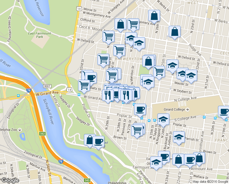 map of restaurants, bars, coffee shops, grocery stores, and more near in Philadelphia