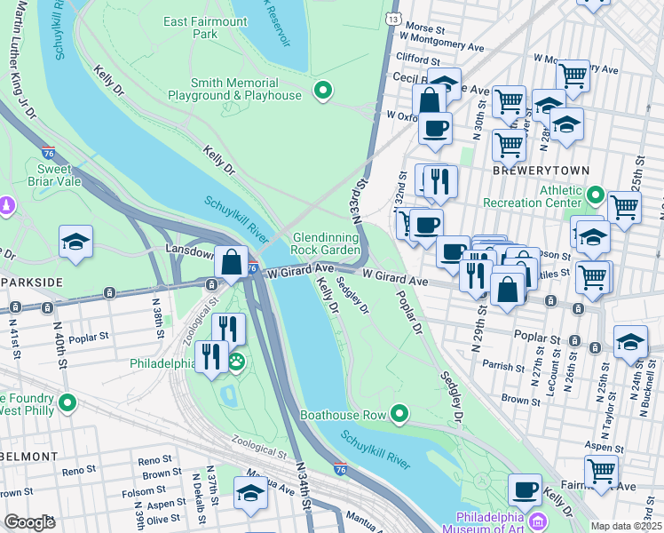 map of restaurants, bars, coffee shops, grocery stores, and more near W Sedgley Dr in Philadelphia