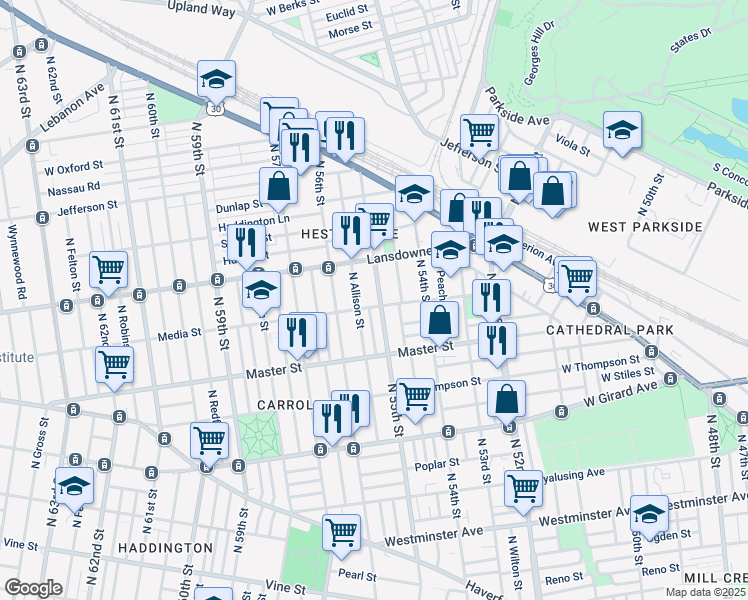 map of restaurants, bars, coffee shops, grocery stores, and more near 5549 Media Street in Philadelphia