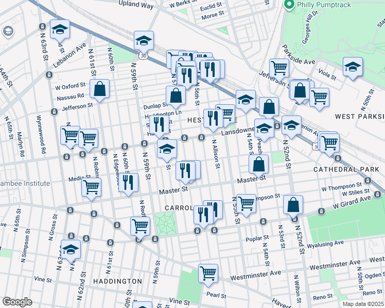 map of restaurants, bars, coffee shops, grocery stores, and more near 5612 Media Street in Philadelphia