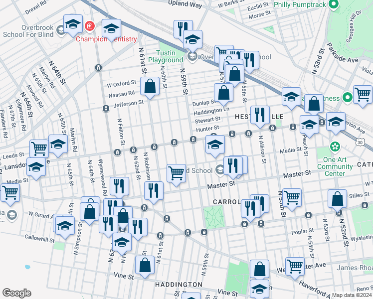 map of restaurants, bars, coffee shops, grocery stores, and more near 1518 North 59th Street in Philadelphia