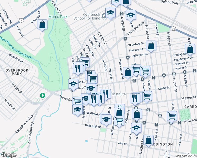 map of restaurants, bars, coffee shops, grocery stores, and more near 6523 Lansdowne Avenue in Philadelphia