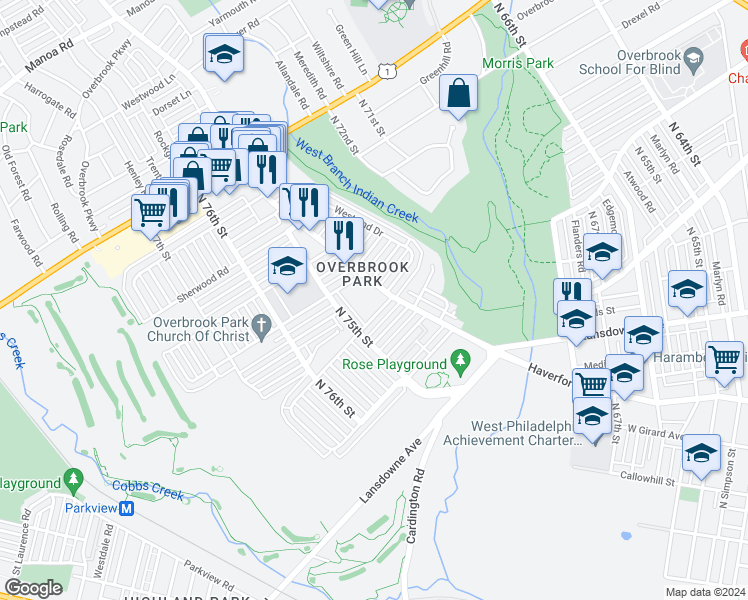map of restaurants, bars, coffee shops, grocery stores, and more near 7400 Haverford Avenue in Philadelphia