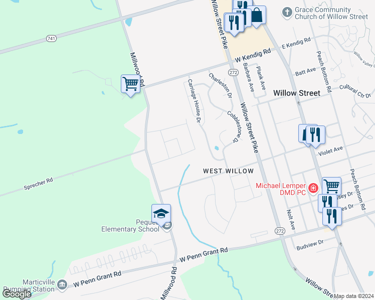 map of restaurants, bars, coffee shops, grocery stores, and more near 146 Carriage House Drive in Willow Street