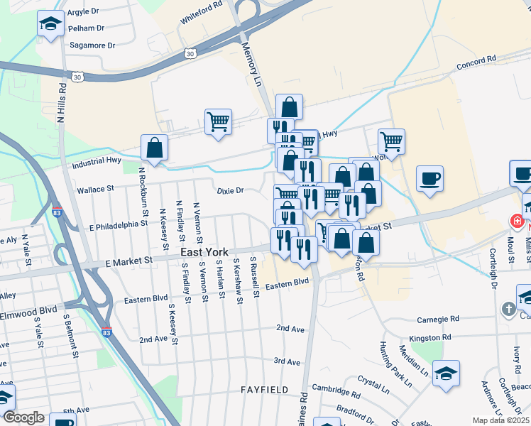 map of restaurants, bars, coffee shops, grocery stores, and more near 24 North Royal Street in East York
