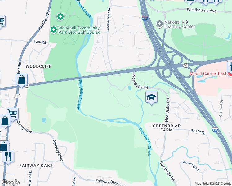 map of restaurants, bars, coffee shops, grocery stores, and more near 25 Noe Bixby Road in Columbus