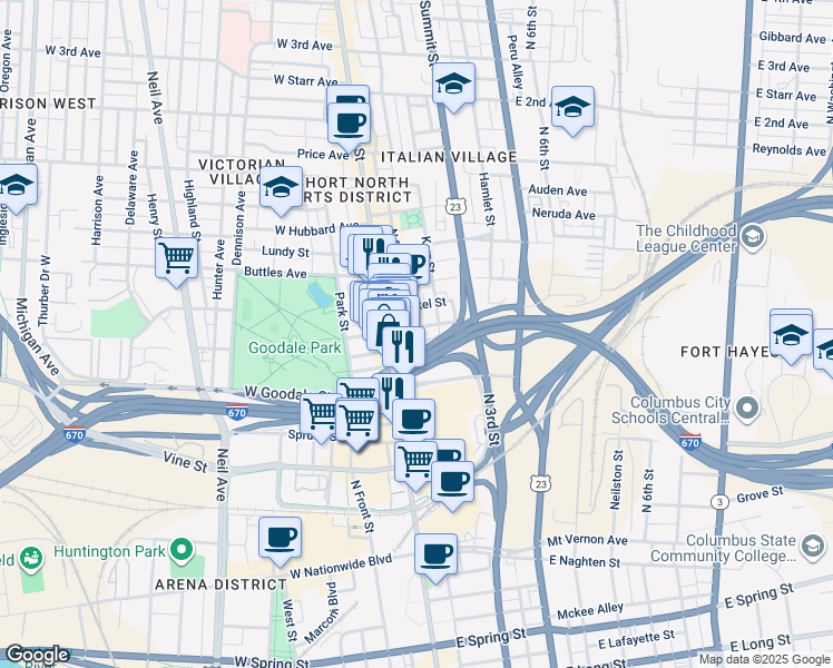 map of restaurants, bars, coffee shops, grocery stores, and more near 612 North High Street in Columbus