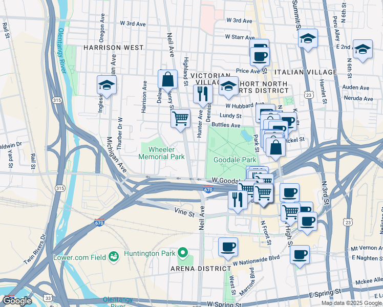 map of restaurants, bars, coffee shops, grocery stores, and more near 249 West Poplar Avenue in Columbus