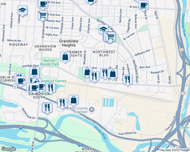 map of restaurants, bars, coffee shops, grocery stores, and more near 1244 Goodale Boulevard in Columbus