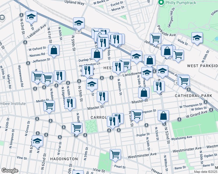 map of restaurants, bars, coffee shops, grocery stores, and more near 1521 North Frazier Street in Philadelphia