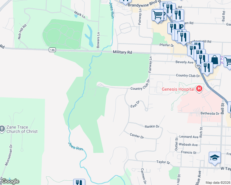 map of restaurants, bars, coffee shops, grocery stores, and more near 3065 West Drive in Zanesville