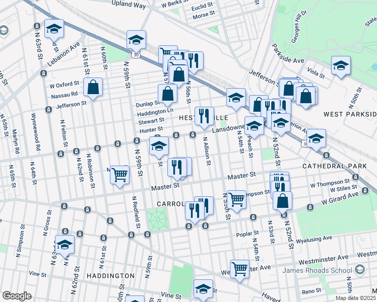 map of restaurants, bars, coffee shops, grocery stores, and more near 1521 North Frazier Street in Philadelphia