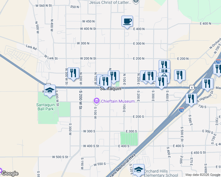 map of restaurants, bars, coffee shops, grocery stores, and more near 1667 South Marigold Way in Santaquin