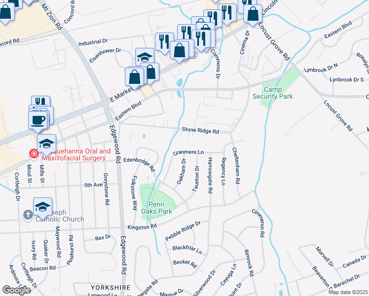 map of restaurants, bars, coffee shops, grocery stores, and more near 3425 Cranmere Lane in York