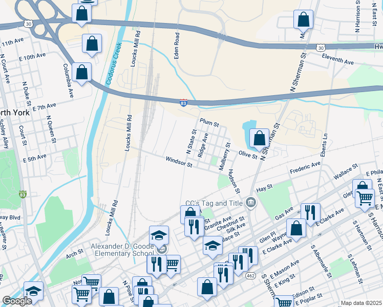 map of restaurants, bars, coffee shops, grocery stores, and more near 623 North State Street in York