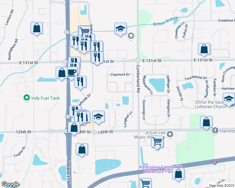 map of restaurants, bars, coffee shops, grocery stores, and more near 12912 Saint Andrews Way in Fishers