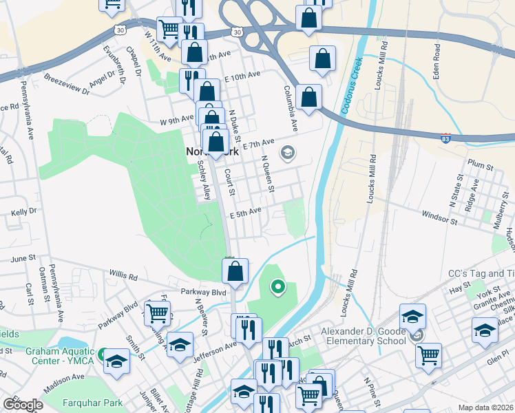 map of restaurants, bars, coffee shops, grocery stores, and more near 813 Dalrymple Street in York