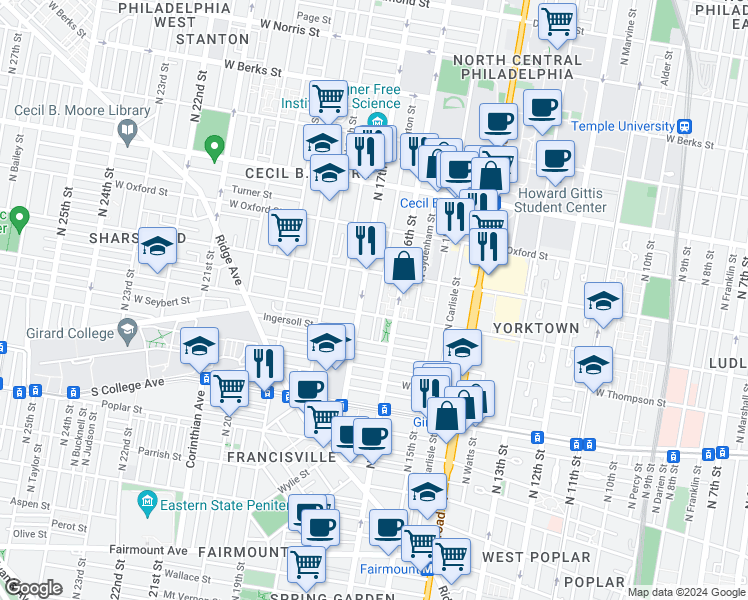 map of restaurants, bars, coffee shops, grocery stores, and more near 1408 Willington Street in Philadelphia