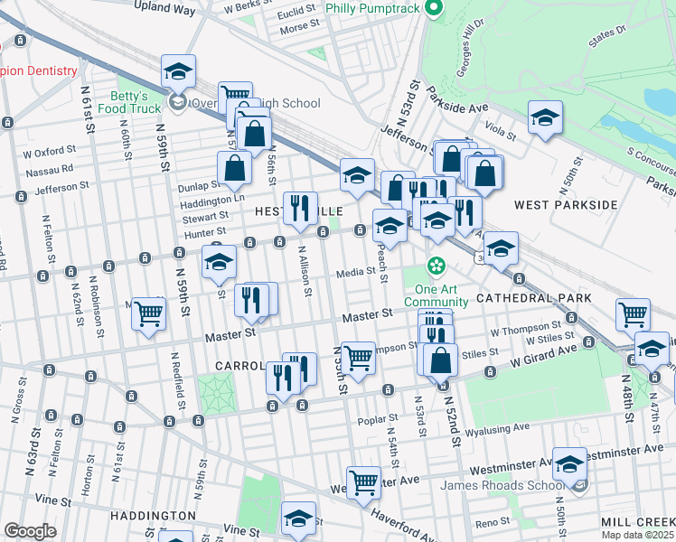 map of restaurants, bars, coffee shops, grocery stores, and more near 5441 Media Street in Philadelphia