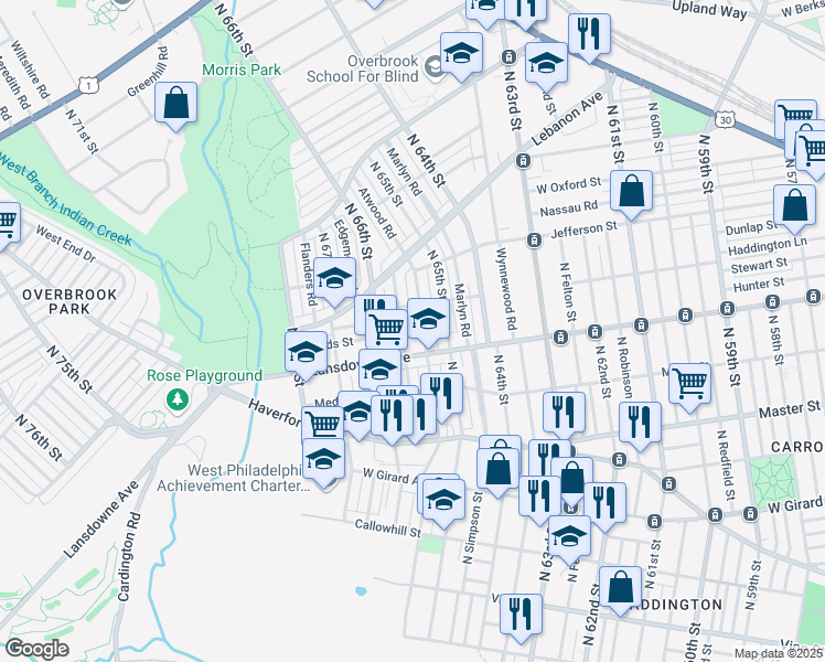 map of restaurants, bars, coffee shops, grocery stores, and more near 6523 Lansdowne Avenue in Philadelphia