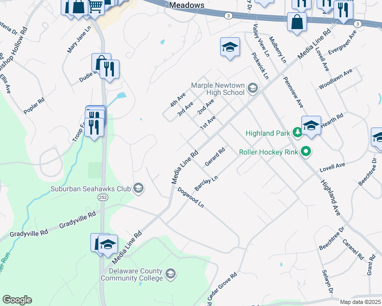 map of restaurants, bars, coffee shops, grocery stores, and more near 504 Media Line Road in Newtown Square