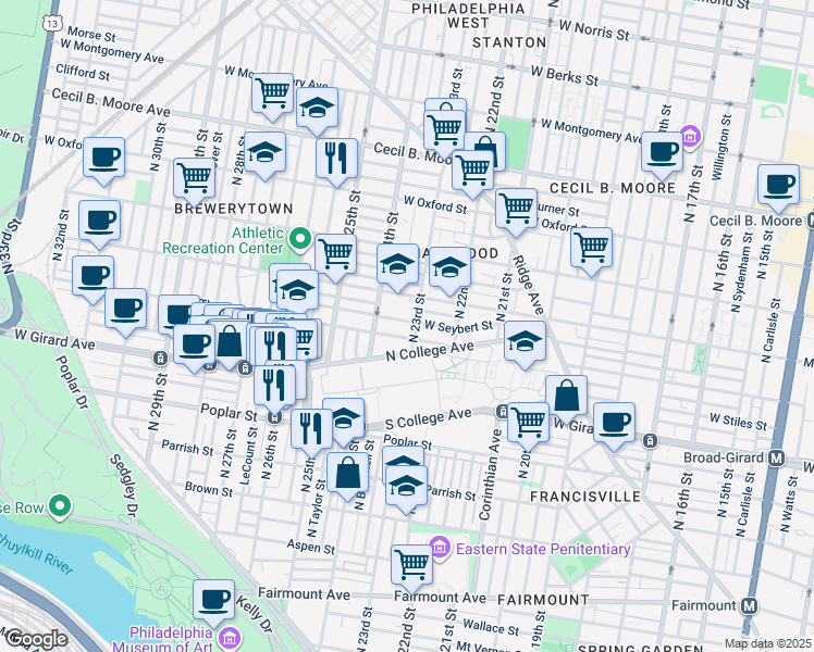 map of restaurants, bars, coffee shops, grocery stores, and more near 2308 West Seybert Street in Philadelphia