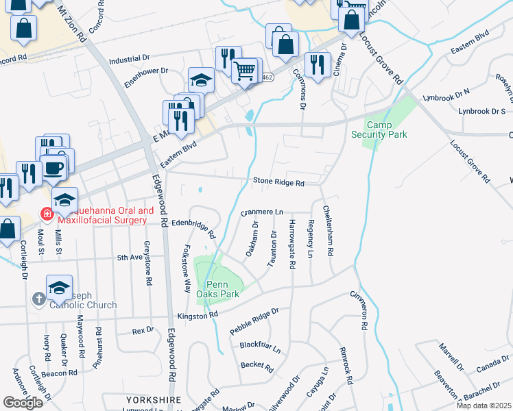 map of restaurants, bars, coffee shops, grocery stores, and more near 3425 Cranmere Lane in York