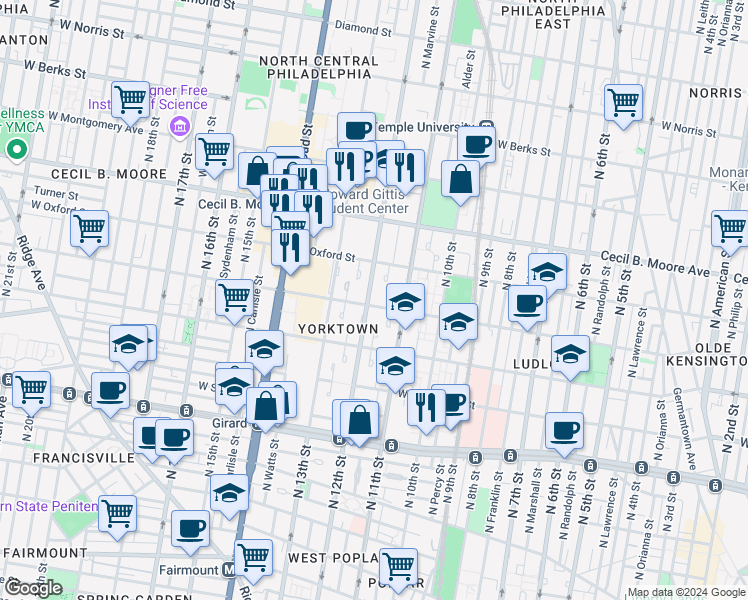 map of restaurants, bars, coffee shops, grocery stores, and more near 1437 North 12th Street in Philadelphia