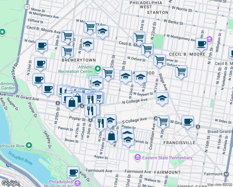 map of restaurants, bars, coffee shops, grocery stores, and more near 2403 West Thompson Street in Philadelphia