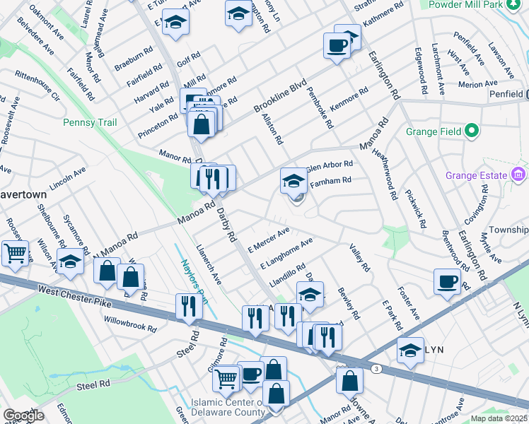 map of restaurants, bars, coffee shops, grocery stores, and more near 617 Valley Road in Havertown
