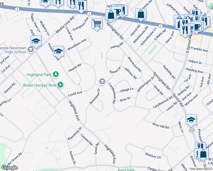 map of restaurants, bars, coffee shops, grocery stores, and more near 217 Parkview Drive in Broomall