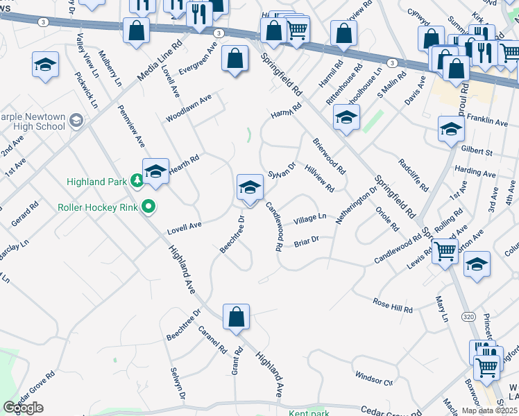 map of restaurants, bars, coffee shops, grocery stores, and more near 217 Parkview Drive in Broomall