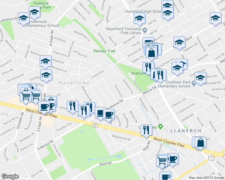 map of restaurants, bars, coffee shops, grocery stores, and more near 137 Woodbine Road in Havertown