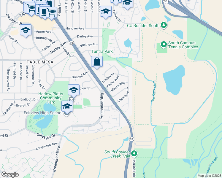 map of restaurants, bars, coffee shops, grocery stores, and more near 4600 Macky Way in Boulder