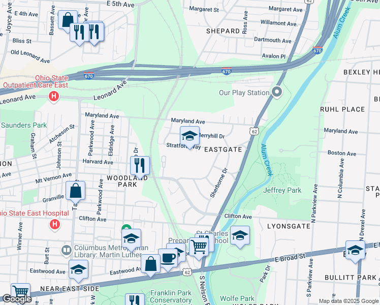 map of restaurants, bars, coffee shops, grocery stores, and more near 1925 Stratford Way in Columbus