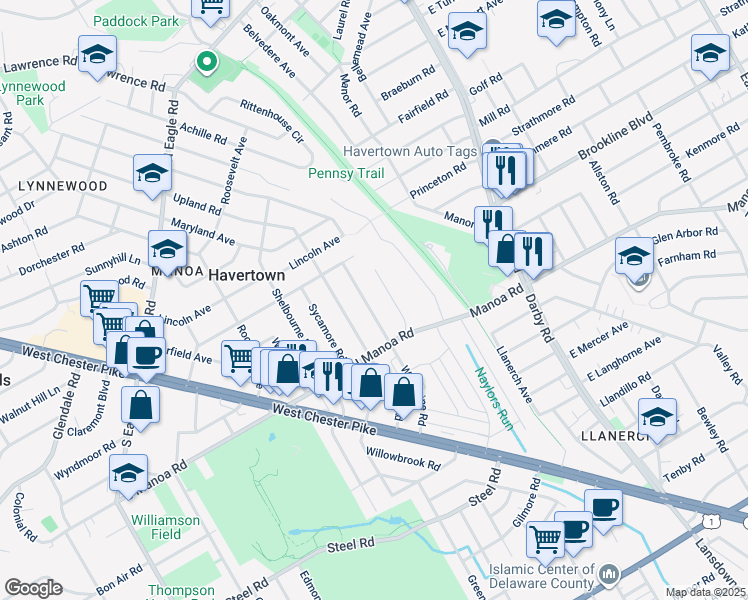 map of restaurants, bars, coffee shops, grocery stores, and more near 137 Woodbine Road in Havertown
