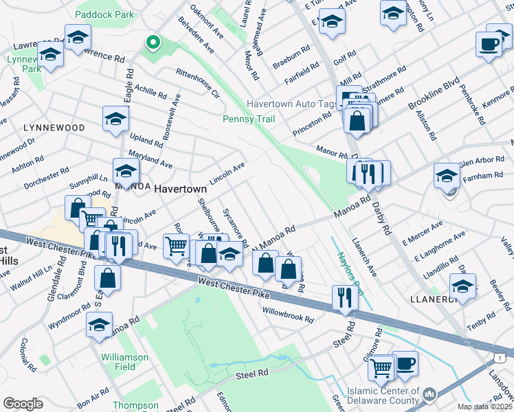 map of restaurants, bars, coffee shops, grocery stores, and more near 148 Woodbine Road in Havertown