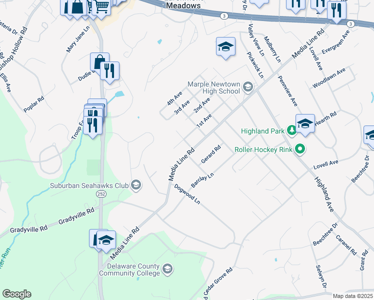 map of restaurants, bars, coffee shops, grocery stores, and more near 504 Media Line Road in Newtown Square