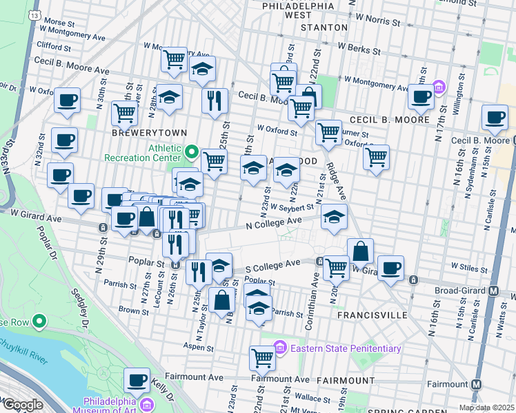 map of restaurants, bars, coffee shops, grocery stores, and more near 2308 West Seybert Street in Philadelphia