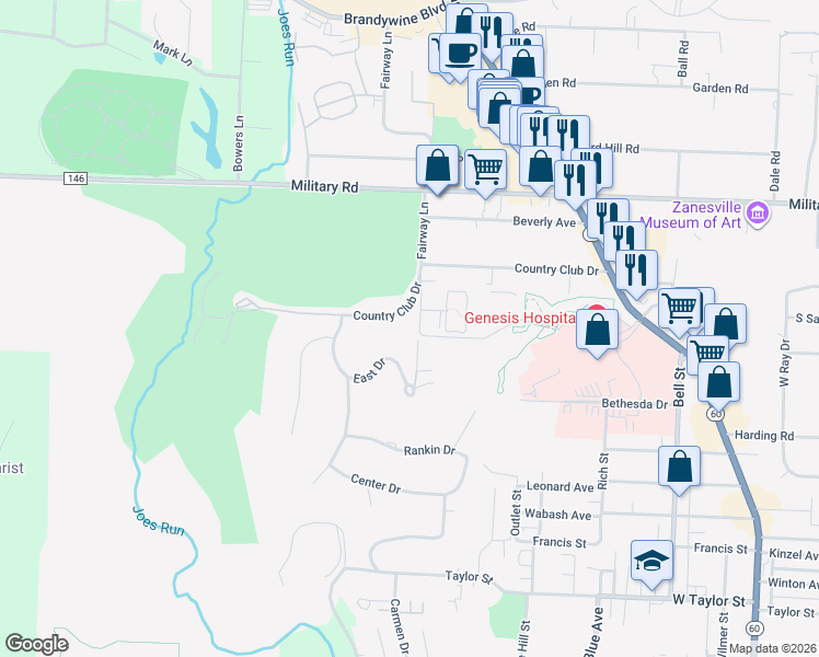 map of restaurants, bars, coffee shops, grocery stores, and more near 1200 Fairway Drive in Zanesville
