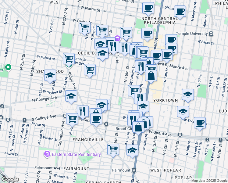 map of restaurants, bars, coffee shops, grocery stores, and more near 1654 Master Street in Philadelphia