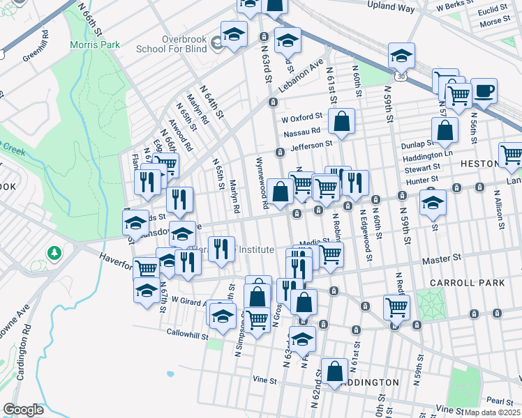 map of restaurants, bars, coffee shops, grocery stores, and more near 808 Wynnewood Road in Philadelphia