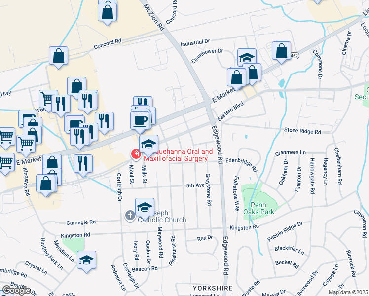 map of restaurants, bars, coffee shops, grocery stores, and more near 105 Wynwood Road in York