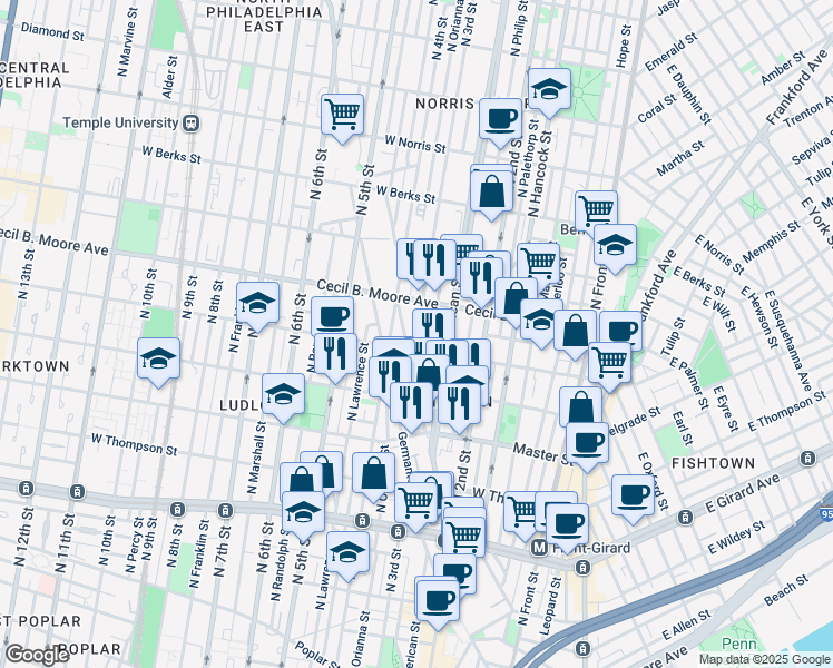 map of restaurants, bars, coffee shops, grocery stores, and more near 1622 North 3rd Street in Philadelphia