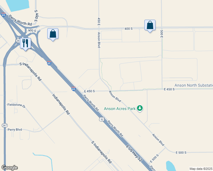 map of restaurants, bars, coffee shops, grocery stores, and more near Anson Boulevard in Whitestown