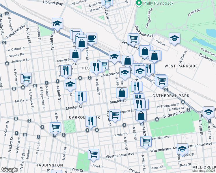 map of restaurants, bars, coffee shops, grocery stores, and more near 1455 North 55th Street in Philadelphia