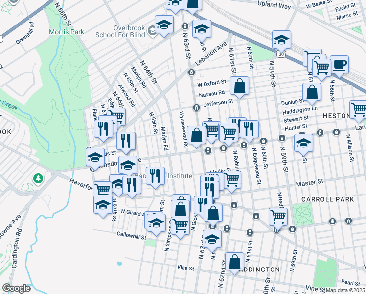 map of restaurants, bars, coffee shops, grocery stores, and more near 808 Wynnewood Road in Philadelphia
