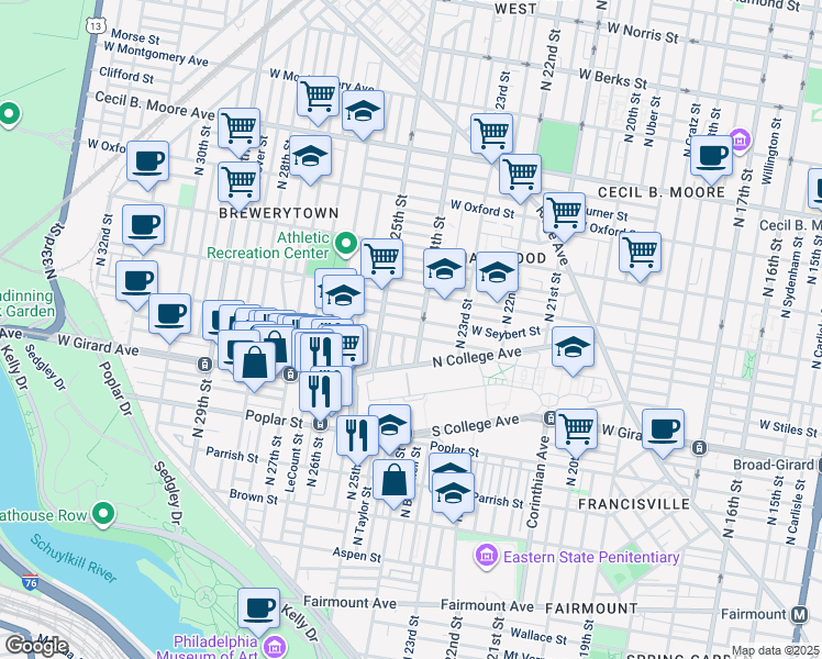 map of restaurants, bars, coffee shops, grocery stores, and more near 2403 West Thompson Street in Philadelphia